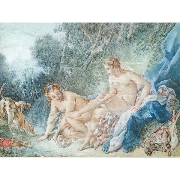 Mathilde Curot-Barberel (Francia, s.XIX)  Diana saliendo del baño. Miniatura pintada al gouache sobre placa en hueso. Firmada 