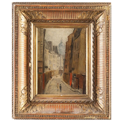 Atribuido a Maurice Utrillo (Par&iacute;s, 1883 - Dax, Francia, 1955) Vista de Montmartre, &ldquo;Rue Saint-Rustique&rdquo;.   &Oacute;leo sobre cart&oacute;n.