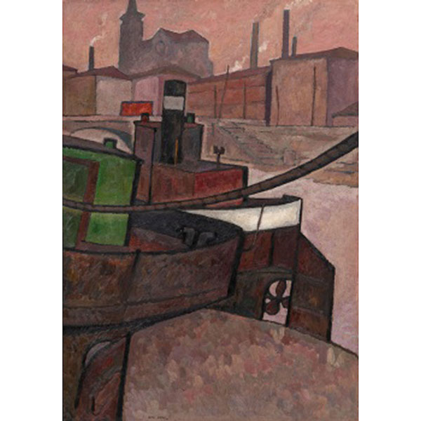 RAFAEL ORTIZ ALFAU   (Bilbao 1935 - 2003)  "Barco atracado en la ría "  Firmado: Ortiz Alfau 75  Óleo / Tabla 