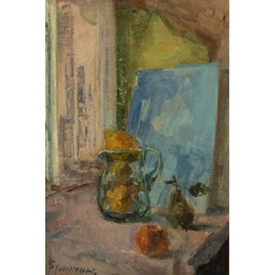 ANTONIO GOMEZ CANO   (Murcia 1912-1985)  &quot;Bodegón de jarra y frutas &quot;  Firmado: Gomez Cano  Óleo / Lienzo 