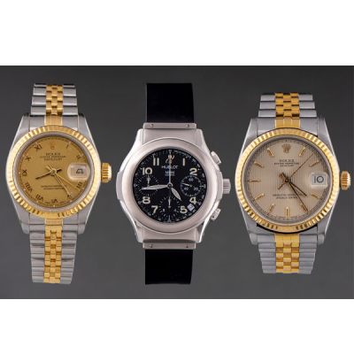 Elegantes relojes de caballero de grandes firmas europeas: dos ROLEX Oyster Perpetual Datejust y un reloj HUBLOT.