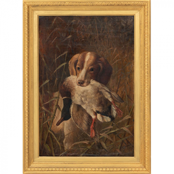 FEDERICO JIMENEZ FERNANDEZ   (Madrid 1841- Huesca 1931)  "Perro cobrando pato"  Firmado: F. Jimenez  Óleo / Lienzo 