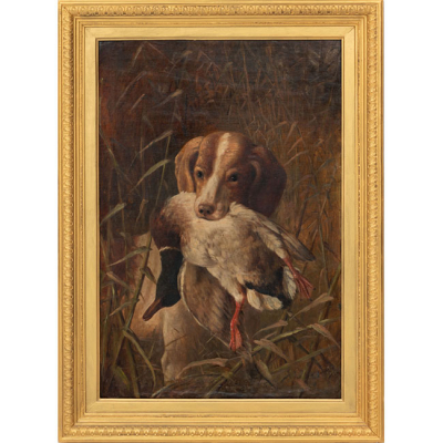 FEDERICO JIMENEZ FERNANDEZ   (Madrid 1841- Huesca 1931)  "Perro cobrando pato"  Firmado: F. Jimenez  &Oacute;leo / Lienzo 