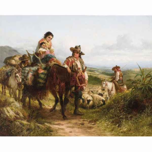 Robert Kemm. "Familia de pastores con La Alhambra y Sierra Nevada al fondo". &Oacute;leo sobre lienzo.