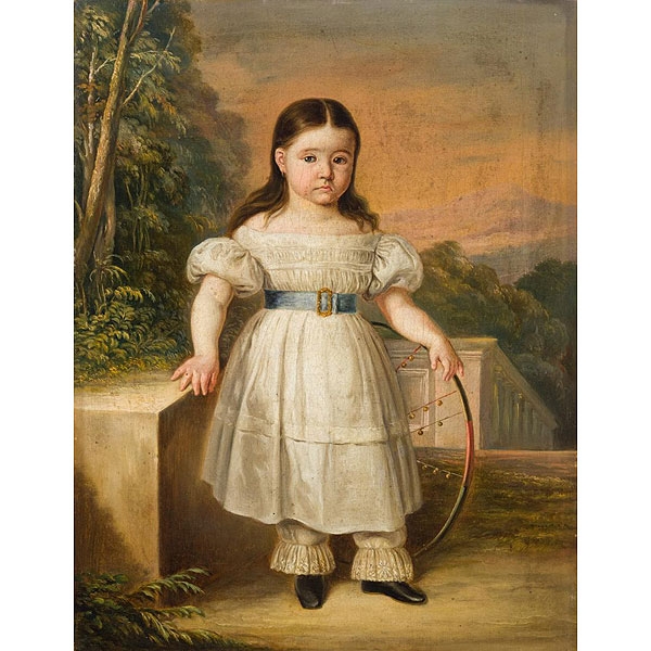 Escuela Española, 2ª 1/2 S. XIX.  &quot;Retrato de niña con aro de cascabeles&quot;. 