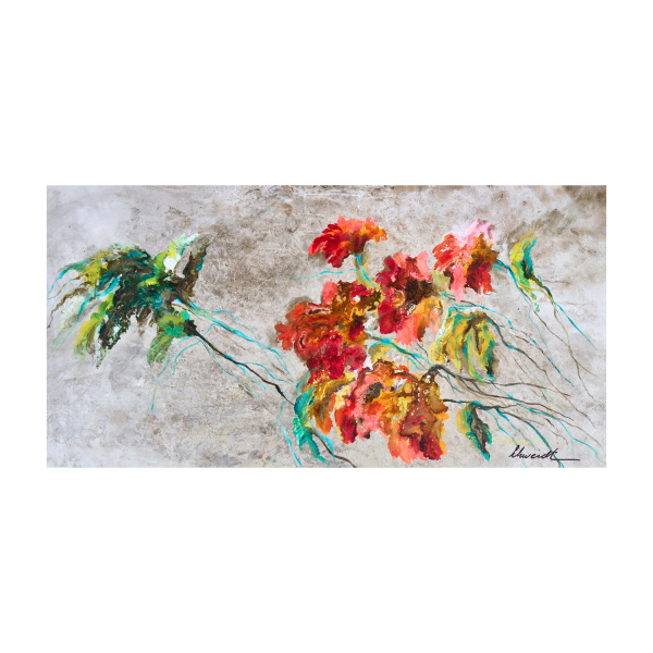 Elba Schwerdt (Bahía Blanca, Argentina, 1956) Composición floral. Técnica mixta sobre tela. Firmado.