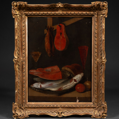 &quot;Bodegón de salmón, peces y copas d cristal&quot;  SEGUIDOR DE ALEXANDER ADRIA ENSSEN (Bélgica, 1587 -1661) 