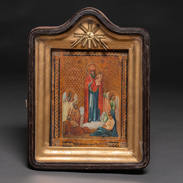&quot;Virgen con Niño y Ángeles&quot; Icono Ruso del pintado al temple siglo XIX
