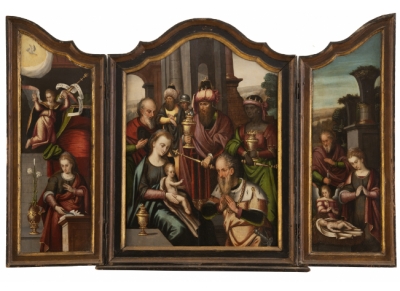 TALLER DEL MAESTRO DEL HIJO PRÓDIGO (siglo XVI) Tríptico; Adoración de los Reyes Magos y tablas laterales Anuciación y Nacimiento del Niño
