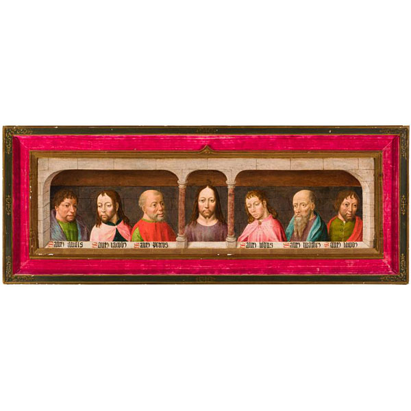 Maestro de la Colección Pacully  &quot;Cristo y seis Apóstoles en la Última Cena&quot;. Óleo sobre tabla.