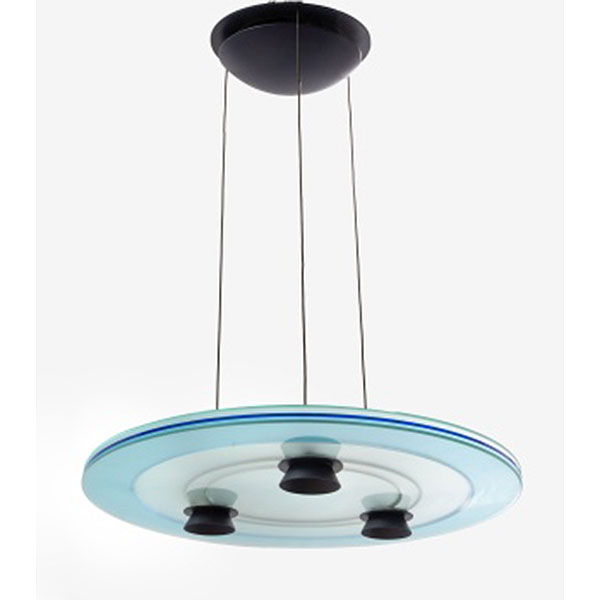 Lámpara de techo modelo &quot;Aurora Azul&quot;, diseñada por Perry King &amp; Santiago Miranda para Arteluce en vidrio templado, disco de fibra de carbono y metal pintado con 3 puntos de luz. Italia. Años 80