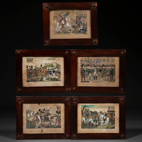Conjunto de cinco grabados franceses del siglo XIX representando escenas de la vida de Napoleón.