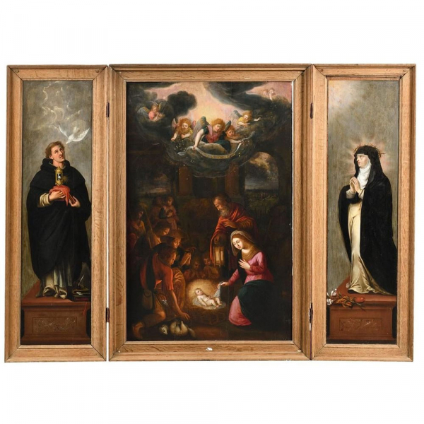 Tríptico de la "Adoración de los Pastores con Santo Tomás de Aquino y Santa Teresa", Escuela Española Siglo XVII. Óleo sobre tabla.