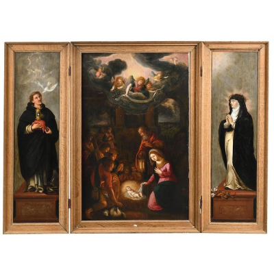 Tr&iacute;ptico de la "Adoraci&oacute;n de los Pastores con Santo Tom&aacute;s de Aquino y Santa Teresa", Escuela Espa&ntilde;ola Siglo XVII. &Oacute;leo sobre tabla.
