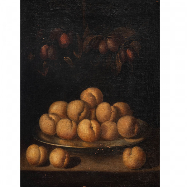 "Bodegón de plato y melocotones".  ESCUELA ESPAÑOLA DEL SIGLO XVII 