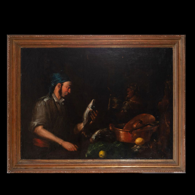Importante Bodegón de Vendedor de Pescado, a la manera de Bernardo Strozzi, apodado &quot;il Cappuccino&quot; (Génova, 1581 - Venecia 1644) escuela Italiana del siglo XVII.