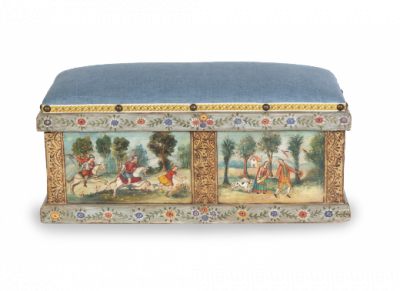 “Costurero o almohadilla” de madera tallada, policromada, parcialmente dorada y tela. Taller Cuzqueño, S. XVIII.