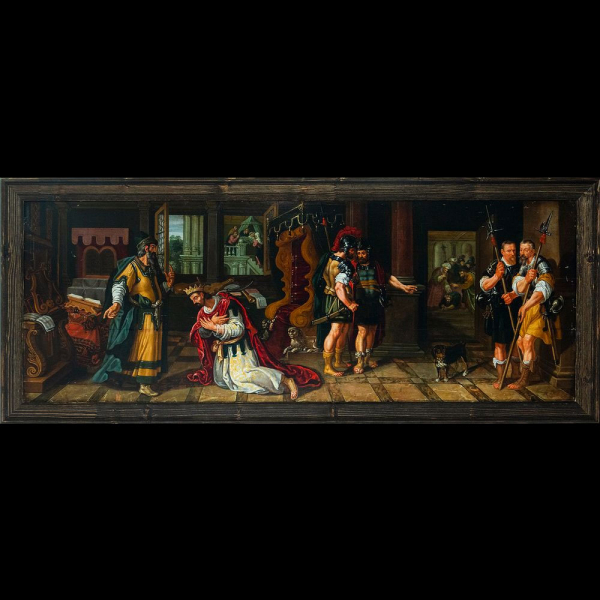 "El profeta Natán reprende al rey David" Escuela Holandesa, Siglo XVII.   Óleo sobre tabla.