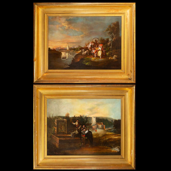 Espectacular Pareja de "Escenas costumbristas" Andaluzas, de Manuel Rodríguez de Guzmán, siglo XIX.  Óleo sobre lienzo
