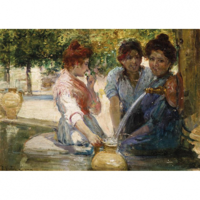 Tomás Muñoz Lucena.   &quot;Muchachas en la fuente&quot;. Óleo sobre lienzo adherido a tabla.