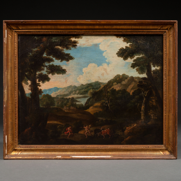 &quot;Paisaje con escena de Paris y Mercurio&quot;  Autoría: ESCUELA FRANCESA, Siglo XVIII 