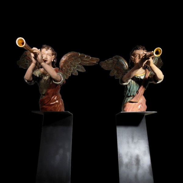 Importante Pareja De Querubines En Tallado, Dorado Madera Policromada Del Siglo XVII