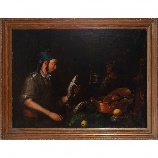 Importante &quot;Bodegón de Vendedor de Pescado&quot;, a la manera de Bernardo Strozzi, apodado &quot;il Cappuccino&quot; (Génova, 1581 - Venecia 1644) Escuela Italiana del siglo XVII. 