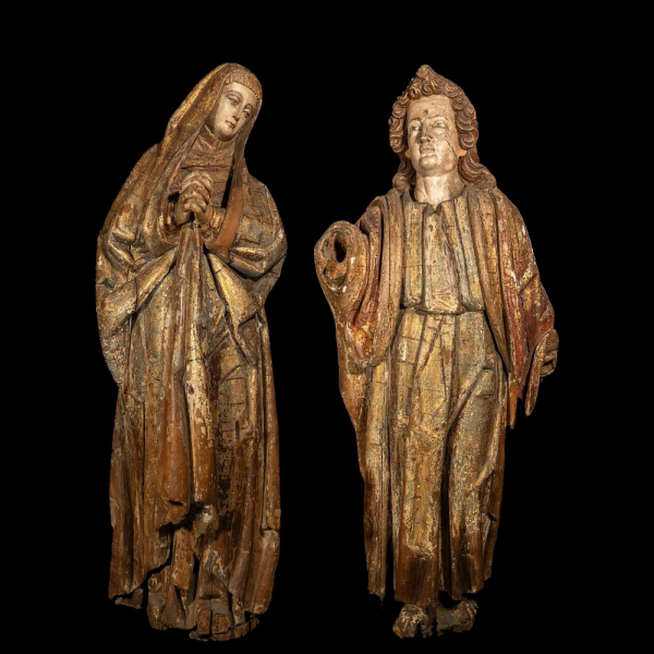 Excepcional pareja escultórica de &quot;San Juan y Virgen María&quot;. Maestro Tardo Gótico Flamenco del siglo XV a inicios del siglo XVI.  