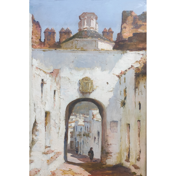 Atribuido a Manuel Fern&aacute;ndez (Carmona, Sevilla, 1927)  Arcos de la Frontera, C&aacute;diz.  &Oacute;leo sobre tabla.  
