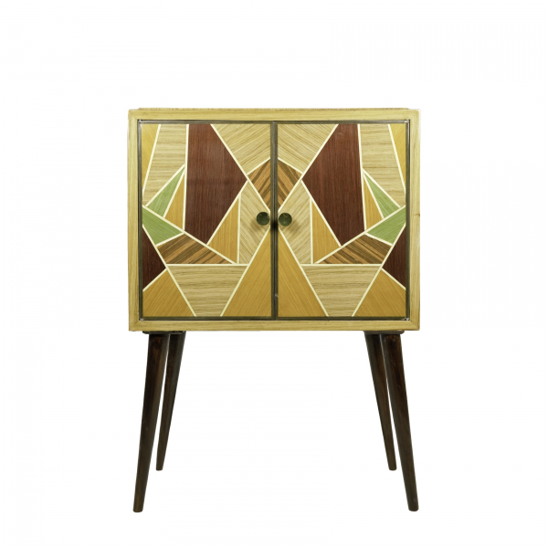 Mueble estilo Mid Century en maderas chapadas contrastadas con decoración geométrica, s.XX 