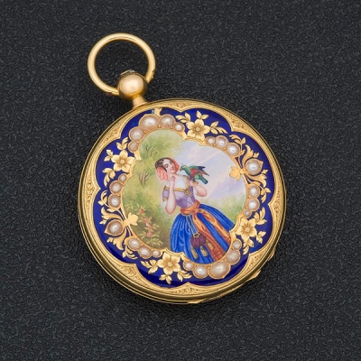 GUILLAUME HENRY GUYÉ Reloj de bolsillo de oro con esmaltes