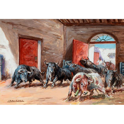 SANTOS SAAVEDRA  (Toledo 1903 - 1997) &quot;Toros en el corral&quot;