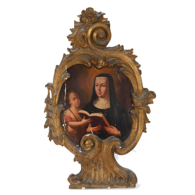 Pareja de tablas representando a "Santa Ana ense&ntilde;ando a leer a la virgen" y "San Luis", de la Escuela Espa&ntilde;ola S. XVII XVIII.