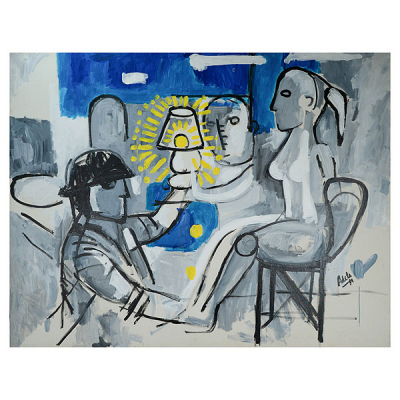 Adela Rodríguez Duflos (Reallon, Francia, 1947) Personajes en interior con lámpara. Acrílico sobre tela. 
