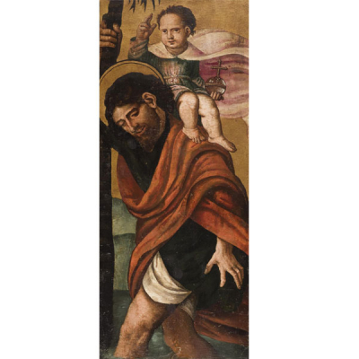 MESTRO DEL GRIFO (S. XVI)   &quot;San Cristóbal&quot;. Óleo sobre tabla. Marco en madera tallada y dorada, S. XIX.