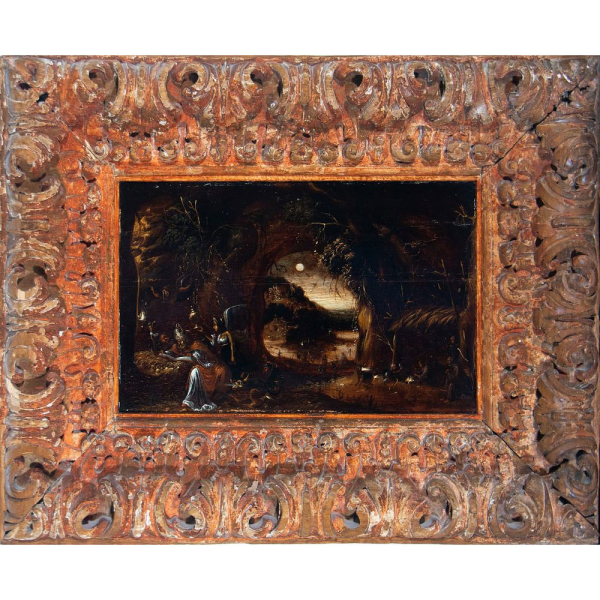 "Paisaje con San Nicol&aacute;s en Lectura", Escuela Flamenca del siglo XVI - XVII.  &Oacute;leo sobre tabla