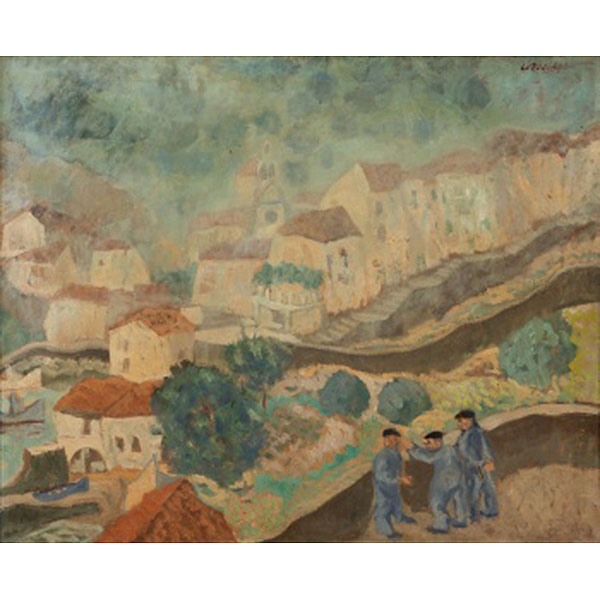 JUAN RAMÓN LUZURIAGA   (Bilbao 1938)  "Puerto vasco con arrantzales "  Firmado: Luzuriaga  Óleo / Lienzo