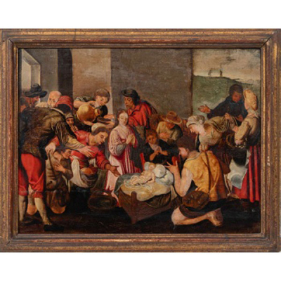 ESCUELA FLAMENCA  (S. XVI) &quot;La Adoración de los Pastores&quot;  Óleo / Tabla