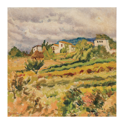 Nicolau Raurich Petre (Barcelona, 1871-1945)  Visión de pueblo.  Óleo sobre tela. Firmado. 