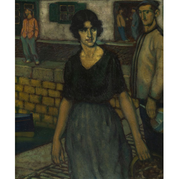 "Sardinera en el puerto"  ALBERTO ARRUE(Bilbao, 1878 -Llodio, 1944). Óleo/cartón. 