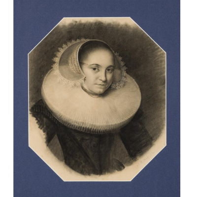 Escuela Francesa S. XVIII   &quot;Retrato de dama a la manera holandesa&quot;. Carboncillo sobre papel.