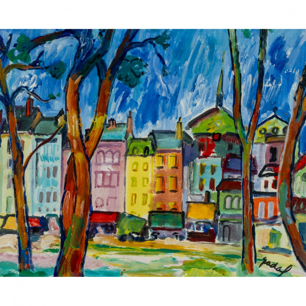 Carles Nadal Ferreres (París, Francia, 1917-Sitges, Barcelona, 1998).  Saint Tropez.  Técnica mixta sobre tela. Firmado.  