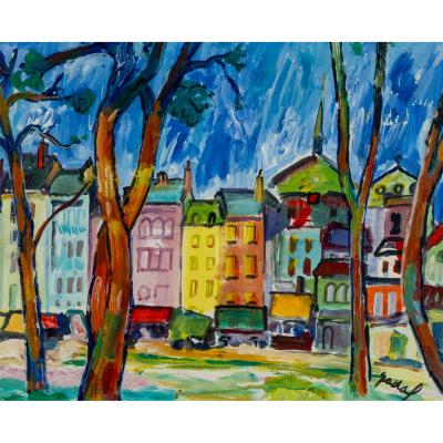 Carles Nadal Ferreres (Par&iacute;s, Francia, 1917-Sitges, Barcelona, 1998).  Saint Tropez.  T&eacute;cnica mixta sobre tela. Firmado.  