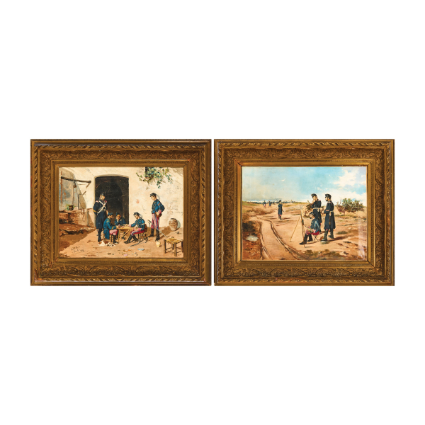 Francisco García Marco (ac. Valencia, s.XIX) Soldados jugando a los naipes y Soldados pintando en el campamento. Pareja de óleos sobre tela. Firmados, localizados en Valencia y fechados en 1881 y 1882.