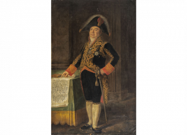 AGUSTÍN ESTEVE Y MARQUÉS (Valencia, 1753- 1820)  Retrato de Don Cayetano Díaz de Mendoza y Lalaing de cuerpo entero. Óleo sobre lienzo