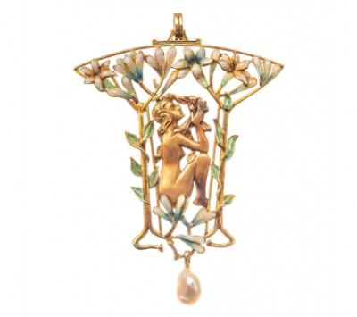 Colgante estilo modernista diseño ninfa entre flores en oro y esmalte rematado por perla cultivada de agua dulce 