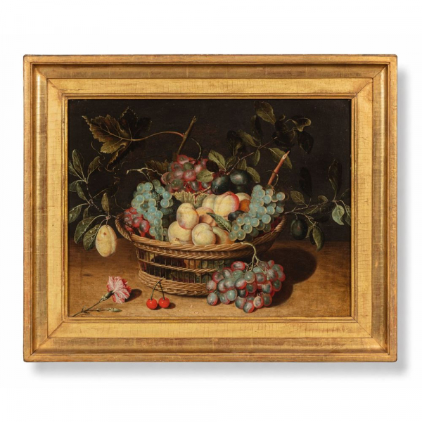ISAAK SOREAU (Hanau, 1604 – después de 1645, ibidem) "Naturaleza muerta con cesta de frutas y clavel".    Óleo sobre tabla.