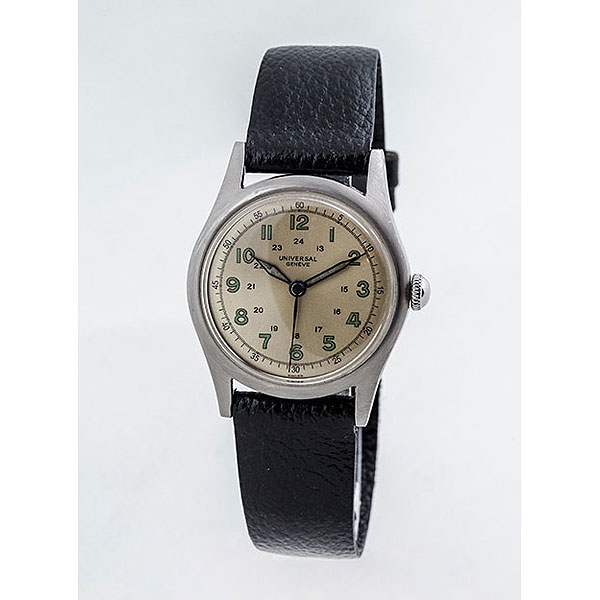 Reloj suizo vintage UNIVERSAL GENEVE en caja circular de acero mate, 32 mm