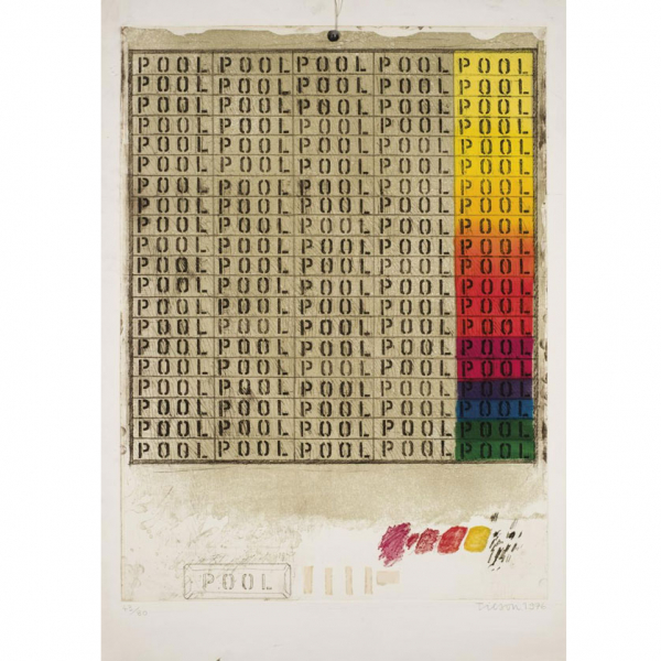 Jake Tilson. &quot;Pool (1976)&quot;. Aguafuerte intervenido manualmente, sobre papel adherido a cartón.