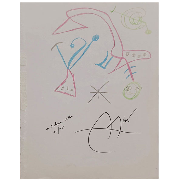 Joan Miró (1893-1983).Sin título (1975). Dibujo original firmado y realizado a color sobre doble hoja de libro.